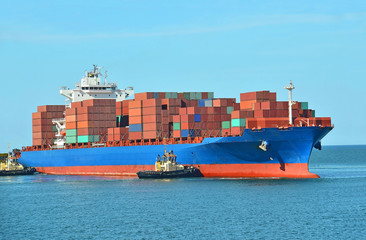 Container stack on freight ship in Black sea, Odessa, Ukraine