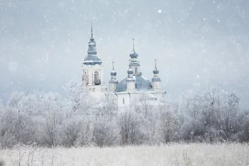 Foto op Canvas Christian monastery landscape winter snow Christmas Religion © kichigin19