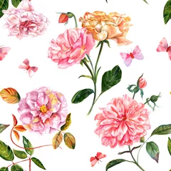 Meubelstickers Vintage seamless background of watercolor roses, peonies and butterflies © laplateresca
