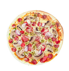 Pizza with sausage, mushrooms and olives on a light background