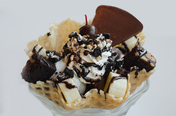 Ice Cream Sundae in an edible waffle bowl with brownies, almonds