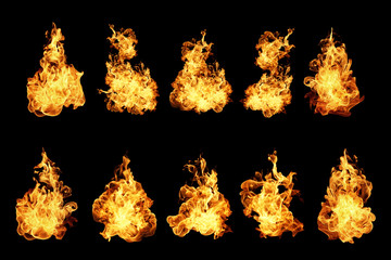 Fire flames collection isolated on black background