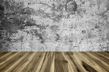 perspective wood plank floor or walk way with old concrete wall