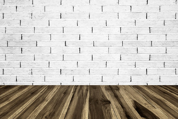 perspective wood plank floor or walk way with brick wall white c