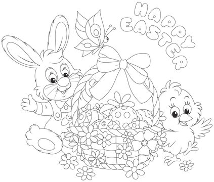 A little rabbit and a chick with a happy Easter greeting, a decorated basket with a butterfly, painted eggs and flowers
