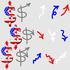 Dollar Currency Symbol. Currency fluctuations, arrows. Vector 