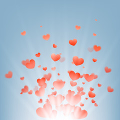 fireworks of hearts on a blue background, vector