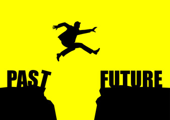 Silhouette illustration of a man jumps from past to future