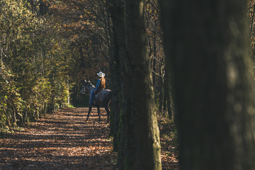 Fototapeta premium Pretty girl riding her grey horse