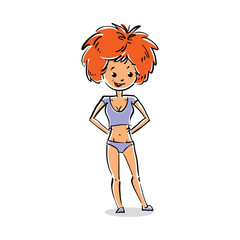 Vector full-length portrait of beautiful red-head lady. Cartoon