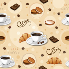 Seamless pattern with coffee cups, beans, cookies, croissants and chocolate.