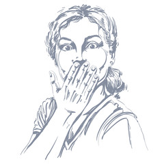 Monochrome vector hand-drawn image, shocked young woman. Black