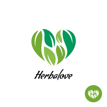 Heart logo with herbal green leaves. Natural product concept.