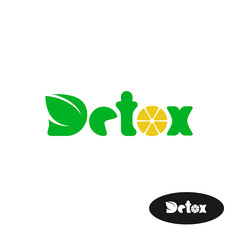 Detox word logo. Wide green letters with leaves and lemon slice.