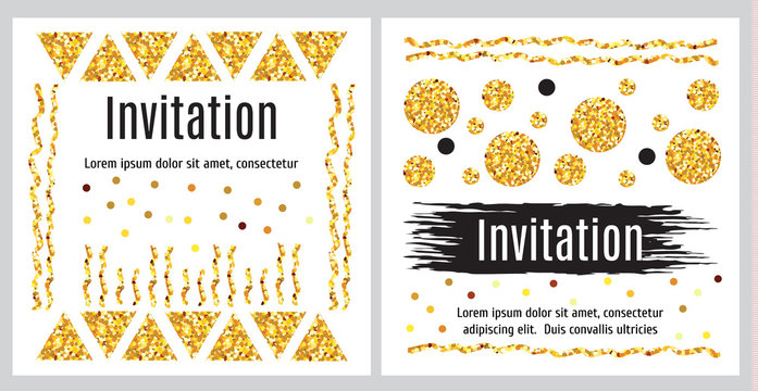 Set of invitation templates with golden glitter.