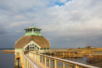 Visit Center nature center with a bird-watching tower at Lake Hornborga in Sweden