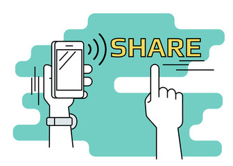 Flat line contour illustration of human hand holds a smartphone and  sharing data and mobile apps via nfc function. Illustration on red background