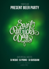 St. Patrick's Day poster. Beer party green background with calligraphy sign on the background glow. Vector illustration