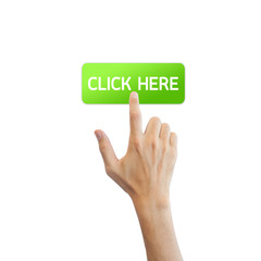 Click here button with real hand isolated on white background