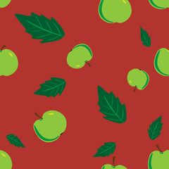 Seamless red background with green apple leaves