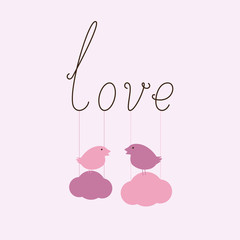 Calligraphic lettering love with birds on clouds