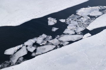 Ice melting on the river in spring