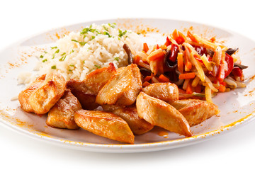 Chicken nuggets, white rice and vegetables