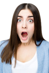 Close-up portrait of surprised beautiful woman in amazement and open-mouthed. Over white background.