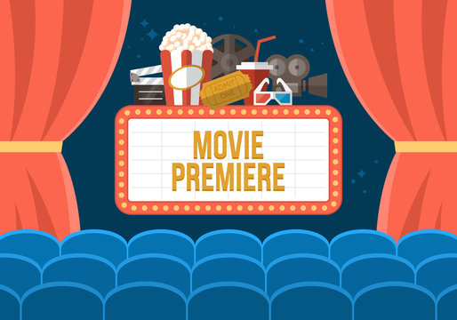 Movie premiere poster deisgn with cinema curtains, seats and sig