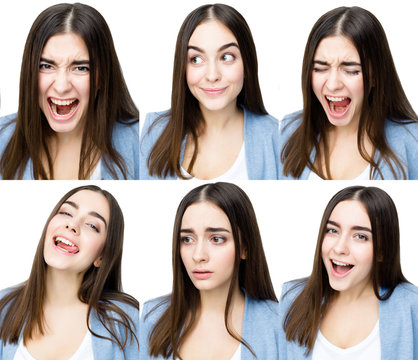 Multiple collage of a beautiful young woman with different expressions and doing different things