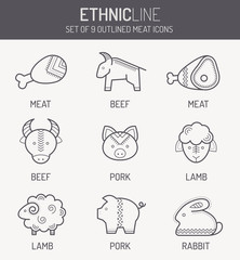 Monochrome  food icons in linear ethnic style