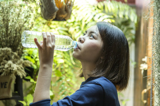 Woman shorthair drink natural water in the garden
