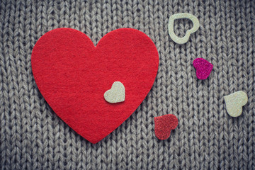 Red felt heart and  colorful decorative  hearts with woollen tex