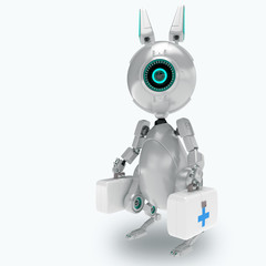 3d futuristic robot with first aid kit isolated on white background / robot offers medecal help