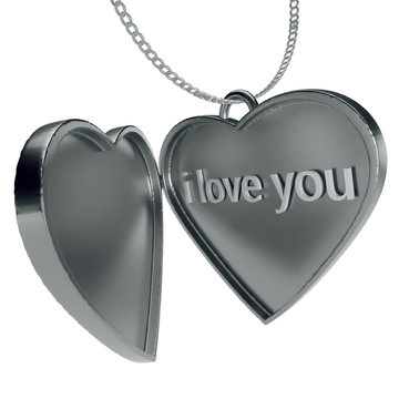 3d image open medallion on a chain with the text "I love you" inside, isolated on white background.