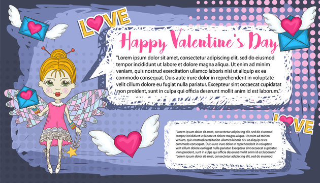 Vector  flying Funny Cute Little Fairy ,hearts with wings ,letter, message, email, mail,talking bubble for your messages,treatment Happy Valentines Day Hand Drawing Vector Banner design.Holiday 