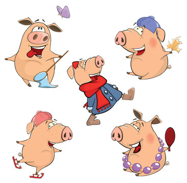 Set of cheerful pigs Cartoon 
