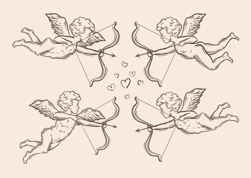 hand-drawn sketch classic Cupid, angel. vector illustration