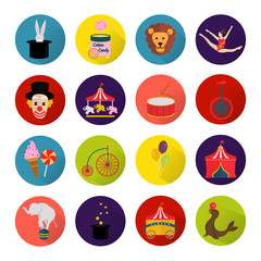 Set of sixteen color and bright circus icons