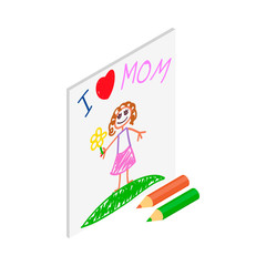 Child drawing of I love mom picture isometric icon