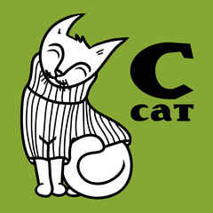 Cartoon cat wearing pullover. Letter c. Part of animals alphabet. Coloring black and white.