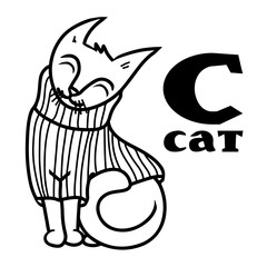 Cartoon cat wearing pullover. Letter c. Part of animals alphabet. Coloring black and white.