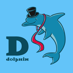 Cartoon dolphin wearing in cylinder hat and tie. Letter d. Part of animals alphabet.