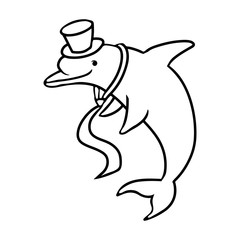 Cartoon dolphin wearing in cylinder hat and tie. Coloring black and white.