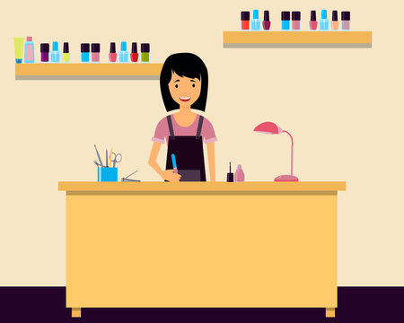 Workplace Manicurist. Young Woman Sitting At A Table In A Beauty Salon. Vector Illustration
