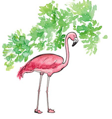 Watercolor sketch pink flamingo isolated