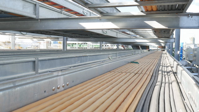 Electrical cable tray in construction area of refinery plant , Video Panning
