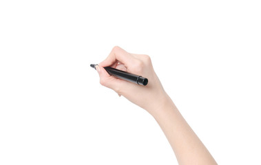 Female hand is ready for drawing with black marker