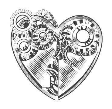 steampunk hipster vector drawing Valentine heart art element for card, site.