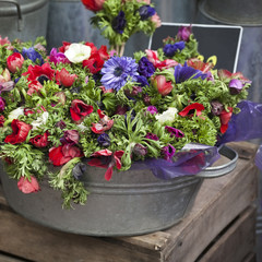 Flower for sale. purple anemone in zink bucket